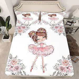Erosebridal Ballet Bedding Sets Twin for Girls Kids Ballerina Design Fitted Sheet Cute Little Dancers Rose Flower Print Bed Sheets Girly Love Gymnastics Modern Trendy Pink White