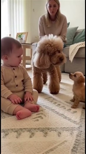 初めて小さい犬に吠えられ固まってしまう赤ちゃん。様子を見ていた大きい犬が助けに来てくれて赤ちゃんもママも一安心✨#dog #baby #cute #funny #love #shorts