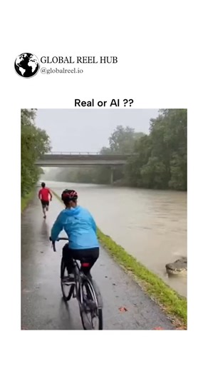 GLOBAL REEL HUB™ on Instagram: "Dm for Credit / Removal The post shares a 15-second video of a cyclist narrowly avoiding a large alligator on a flooded riverside path in rainy conditions, with workers in hi-vis gear using a pole to drag the reptile back into the water. From an account focused on animal content, the clip has exploded to 2.3 million views, drawing 144 replies mostly questioning its realism and labeling it AI-generated "trash" due to unnatural movements and improbable setting. Simi