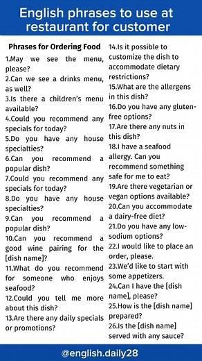 English phrases to use at restaurant for customer #englishdaily #englishbasics #englishspeaking #englishvocabulary #learningenglish #dailyenglishspeaking