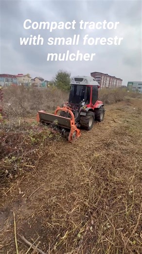 Compact tractor with forestry mulcher clearing overgrown vegetation | Defrisare terenuri