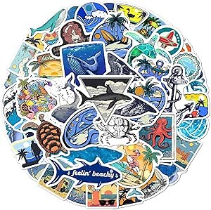 Pack 50 pcs Marine Life sea Beach Stickers for Water Bottles Waterproof Laptop Luggage Computer Scrapbooking Teens Adults Cute Funny Aesthetic Sticker Packs Small Vinyl Decals