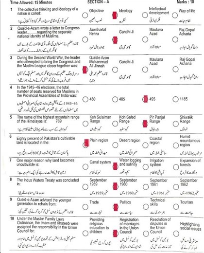 17/4/2026 Class 9th Pak study Peshawar Board MCQs