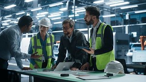 Meeting At Electrical Components Factory Office: Diverse Industrial Engineers Using Laptop And Tablet With Blueprints For Green Energy Engine. Facility With Autonomous Assembly Line With Robotic Arms.
