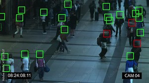 Detecting and recognizing people's faces, collection and analysis of human biometric data using artificial intelligence. Social Credit Scores, big data analysis, crowd scanning, personal security, 4k.