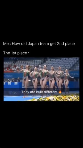 A1 Media Dose on Instagram: "This video is contrasting the performance of the second-place Japan synchronized swimming team with the first-place team at the Tokyo 2020 Olympics, captioned with the phrase, “They are built different.” The footage showcases a powerful and precise routine performed by the Russian Olympic Committee (ROC) team, renowned for their technical superiority. The clip highlights several complex synchronized figures, including the team launching themselves into the water, per
