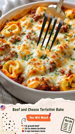 Beef and Cheese Tortellini Bake A hearty, cheesy comfort dish baked to perfection — tender cheese tortellini layered with seasoned ground beef, rich marinara, and bubbling melted cheese. 🥩 1 lb ground beef 🧀 20 oz cheese tortellini (refrigerated or frozen) 🍅 2 cups marinara sauce 1 cup shredded mozzarella cheese ½ cup grated Parmesan cheese 1 tsp Italian seasoning 1 tbsp olive oil Salt, pepper, parsley for garnish Directions: Cook tortellini according to package directions and set aside. In a