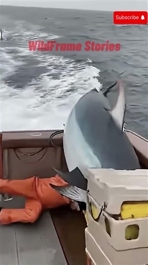 Surprise! A tuna jumps onto the boat to escape a giant shark! #shark #fishing #fish #tuna
