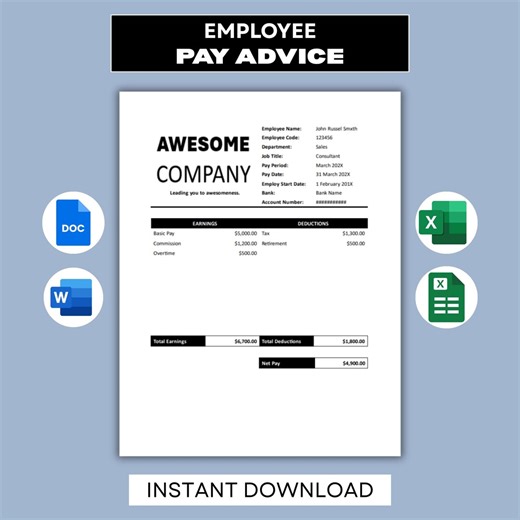 Pay Advice, Pay Stub, Payslip, Salary Slip, Earnings Statement: Excel, Word, Google Docs and Google Sheets Template - Etsy