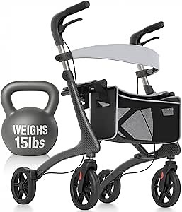 Vive Mobility Carbon Ultralight Rollator Walker - 4 Wheel Lightweight Carbon Fiber Walker for Seniors with Seat - All Terrain, Foldable, Height Adjustable - 300 lbs Weight Capacity, Mobility Aid