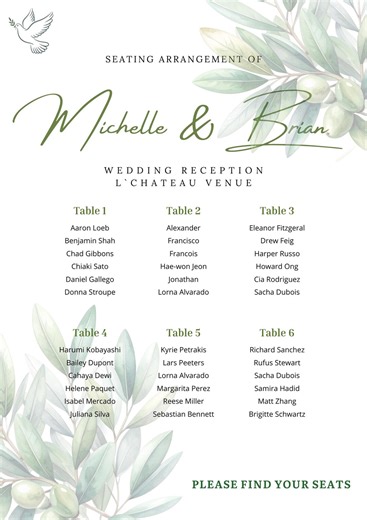 Olive Leaf Table Seating Plan - Etsy