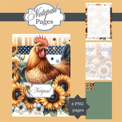 Chicken and Sunflower Notepad Pages | Floral Notepad Set | Front and Back Cover | PNG Download - Etsy