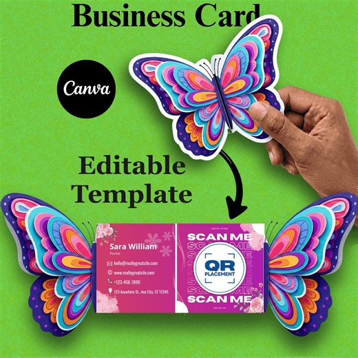 Butterfly Business Card Template | Die Cut Folded Pop up QR Code Card | Canva Editable Visiting Card | Printable Digital Download - Etsy