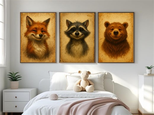 Vintage Woodland Animal Prints Set of 3 – Raccoon Bear Fox Portraits | Nursery Wall Art | Digital Download Multi-size - Etsy