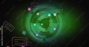 Digital communication icons and chat bubbles animation over green circular interface