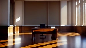 Download An empty office with a desk and chair for free