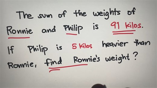 26K views · 139 reactions | Math Riddle: The sum of the weights of Ronnie and Philip is 91 kilos. If Philip is 5 kilos heavier than Ronnie, find Ronnie's weight? | Philippine Review Center | Facebook