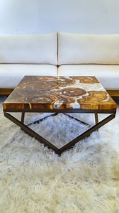 DIRTY POUR Bleach White & Copper Brown COFFEE TABLE WOOD - Teak Stumps Size - 2.5ft x 2.5ft Height - 16inch Hi Gloss Finish | Wood Elisions