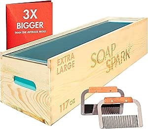 Extra Large Soap Making Kit for Adults — 7.3lbs (117 oz) — Silicone Soap Molds for Soap Making, Wooden Rectangle Soap Mold, Thick Glass Lid & Stainless Steel Cutters - Soap Loaf Mold Making Supplies