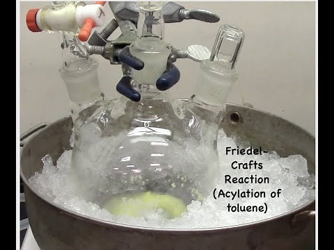 Friedel Crafts reaction/Acylation of toluene.
