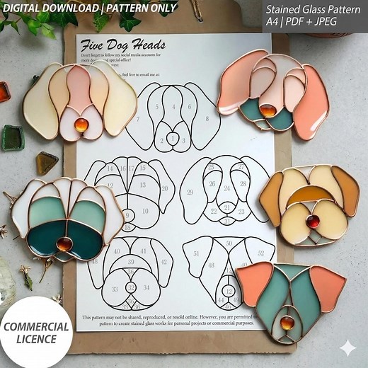 Dog Head Stained Glass Patterns – 5 Unique Designs – Digital Download (PDF & JPG) - Etsy
