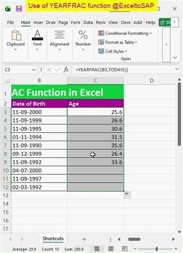 Use of YEARFRAC function in Excel #excel #exceltips #exceltricks #exceltutorial #excelformula