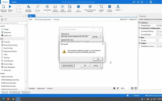 How to resolve 'Unrecognized database format 'C__RPA.accdb' Error in UiPath_ _ M