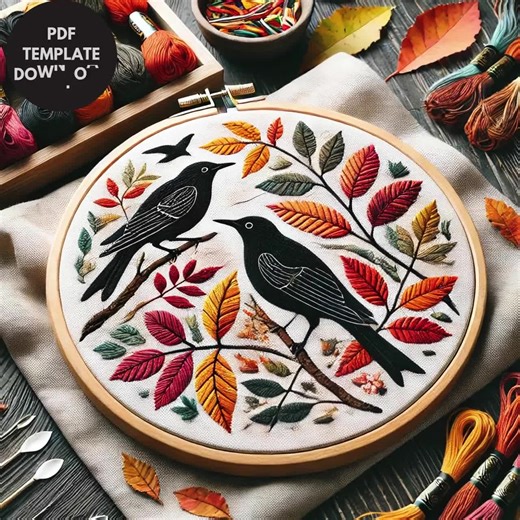 Fall Birds Hand Embroidery Pattern: Autumn Leaves Needlework (digital Download) - Etsy