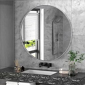 Brushed Nickle Wall Mirror Stainless Steel Silver Frame Round Mirror 30 inch Bathroom Mirror Modern Contemporary Circle Mirror Wall Mounted Mirror Decorative for Bathroom, Living Rooms, Entryway