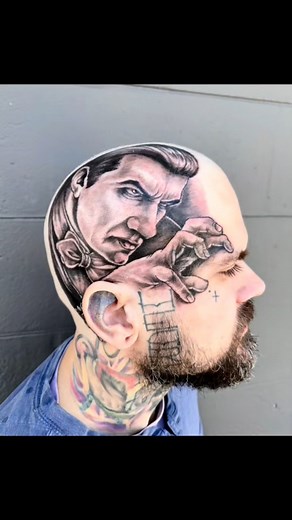 22 reactions | Since it’s Halloween I figured I would show off one of my favorite head tattoos I have ever done featuring this classic Dracula pose. I love how the hand and fingers go right around Nick’s eye. The placement of the tattoo worked out perfectly. Would you get your head tattooed? #headtattoo #blackandgreytattoo #dracula #vampire #halloween | TJ Hal | Facebook