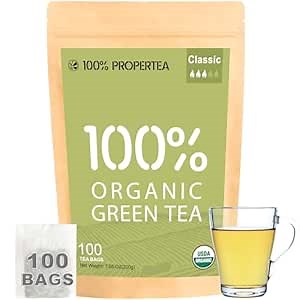 100% Propertea Organic Green Tea Bags,100 Count Eco-Friendly Tea Bags,Hot or Iced,Unsweetened,Low Caffeine, Rich in Antioxidants, Resealable Pouch,Classic Taste