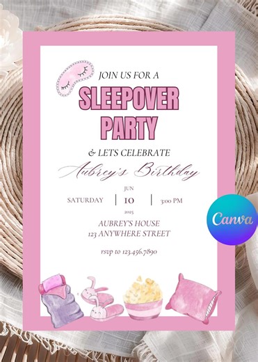 Girls Sleepover Party Invitation, Slumber Birthday Invite, Pink Spa Birthday Party, Pajama Party, Editable Printable