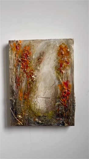 Sunfire Meadow 12×16 an encaustic abstract dance of color and light, warm and vibrant, heading to @santinigallery looking for a loving home.... hope everyone has a beautiful weekend ❤️ | Amanda Pierce Artist