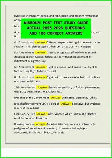 MISSOURI POST TEST STUDY GUIDE ACTUAL 2025 2026 QUESTIONS AND 100 CORRECT ANSWERS video