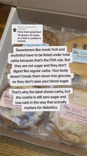 Replying to @deefee453 Most of the carbs you see on the label are coming from sugar alcohols, not from regular carbs. I use erythritol, which has to be listed under “total carbs,” but your body doesn’t process it like sugar. Erythritol doesn’t turn into glucose, it doesn’t raise blood sugar, and about 90% of it passes through your body without being absorbed. That means those carbs are not being used by your body the way normal carbs are. That’s why you look at net carbs instead of total carbs. 