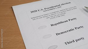 Ballot paper with vote checkbox place. Concept for voter registration and participation in USA. Republican or Democratic Party, Third parties. 2020 United States presidential election