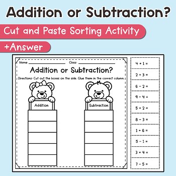 Addition or Subtraction? Cut and Paste Sorting Activity
