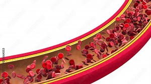 3D rendered Animation of Erythrocytes aka Hemoglobin Blood cells flowing through a Vein or Artery.