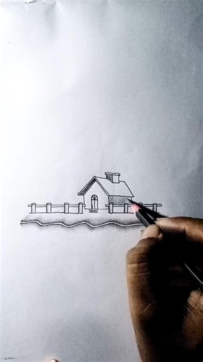🌿🏡 River Side Cottage Scenery Drawing Step by Step | Easy Pencil Drawing Tutorial ✏️ #shorts