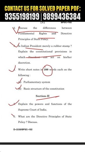BPSC 102 Solved Question Paper | Constitutional Government And Democracy in India 3rd Semester