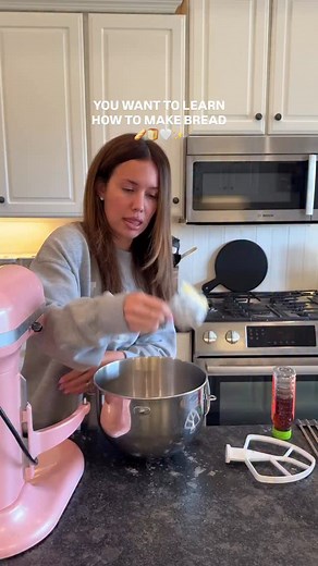 THE EASIEST BREAD RECIPE YOULL EVER MEET! Been making this since I was pregnant with Jackson 🥹🫶🏼 You’ll need: 1 packet of yeast 4-6 cups of bread flour Honey 2 cups warm water Salt Put 2 cups of warm water, one packet of yeast, a splash of honey (or sugar) and a teaspoon of salt in a bowl and let sit for 10 mins. This is to let it proof(?) I Think I’m saying that right haha! Once that’s done get your mixer and add 1/4 cups honey & 3 cups of flour begin to mix! It will be very dough-y begin to