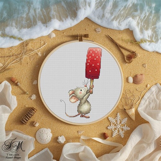 Cute Mouse Cross Stitch Pattern, Summer Ice Cream Mouse, Adorable Animal PDF, Easy Cross Stitch, Fun DIY Gift - Etsy