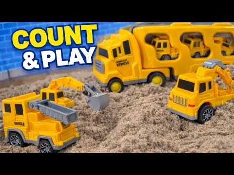 Yellow Construction Vehicles Play and Count in Kinetic Sand