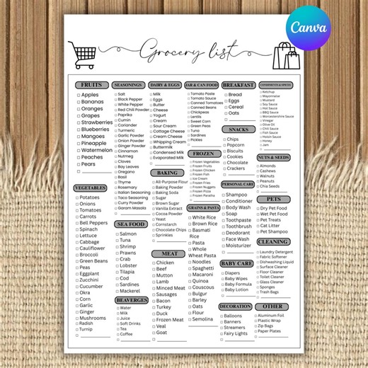 Editable Grocery List Template, Colorful Printable Shopping Checklist, Master Grocery List, Canva Digital , DIY Planner, Instant Download - Etsy