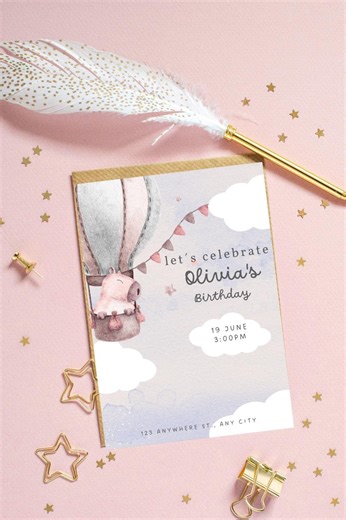 Editable Hot Air Balloon Birthday Invitation Template – Soft Pastel Printable Invite for Kids or Baby Shower – Canva Design - Etsy