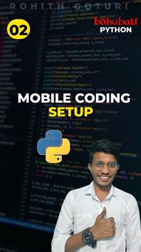 Rohith Goturi on Instagram: "Bahubali Python Part-2 🚀🐍 Laptop lekapoyina problem ledu! Mobile lone Python, C, Java, Web — anni languages ki coding setup & best mobile coding apps 🔥 Laptop coding setup basics kuda clear ga explain chesa 😎 Start coding anytime, anywhere — Bahubali style 💪✨ Python, python telugu series, python with real life examples, python by rohith goturi, mobile coding setup, mobile coding apps, laptop coding setup telugu. #reels #python #coding #programming #developer #tr