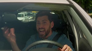 Caucasian man guy businessman driving car in city stuck traffic jam urban road transport problem accident angry aggressive mad furious male driver transport stressful drive automobile shouting scream