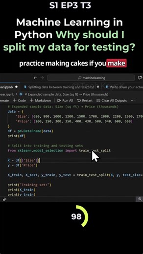 Machine Learning in Python Why should I split my data for testing #jupyternotebook #vscode #softwareengineer #algorithims #python #dataengineering #softwaredeveloper #artificialintelligence #learntocode #sql #statistics #datascience #computerscience #mathematics #coding #visualstudio #jupyterlabs #codingbasics #linq #machinelearning | Laskenta Technologies Limited