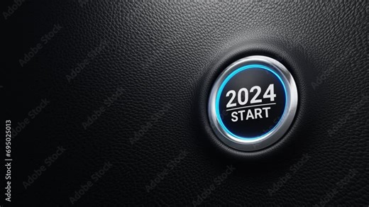 2024 start push button. Planning, start, career path, business strategy, opportunity and change concept. 2024 start modern car button with blue shine. 4k 3d loop animation