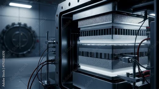 The inner workings of a hydrogen fuelcell module revealing layers of membranes and catalysts tested for durability in a secure bunker.